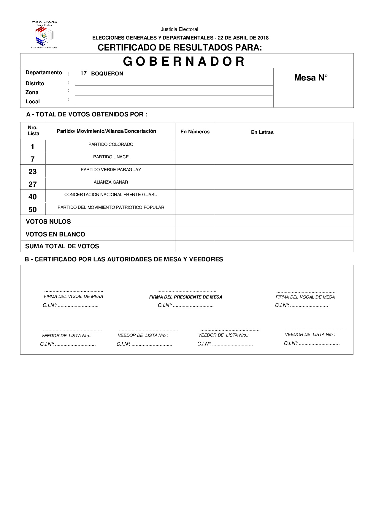 Certificado de Resultados Para GOBERNADOR de BOQUERON